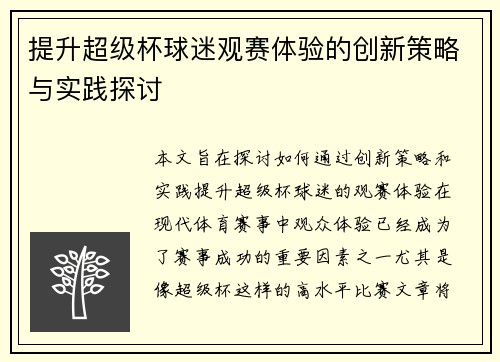 提升超级杯球迷观赛体验的创新策略与实践探讨