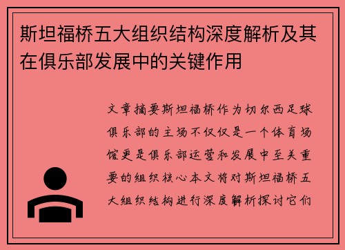 斯坦福桥五大组织结构深度解析及其在俱乐部发展中的关键作用 斯坦福桥五大组织结构深度解析及其在俱乐部发展中的关键作用