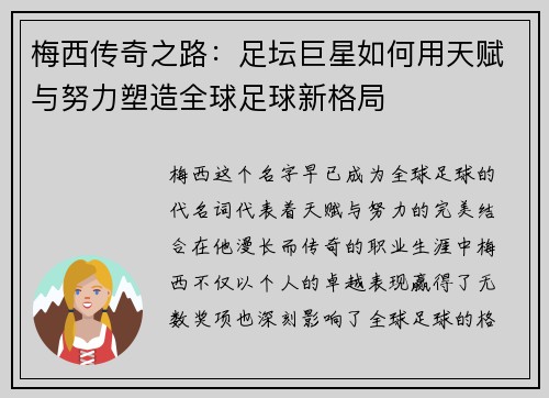 梅西传奇之路:足坛巨星如何用天赋与努力塑造全球足球新格局 梅西传奇之路:足坛巨星如何用天赋与努力塑造全球足球新格局